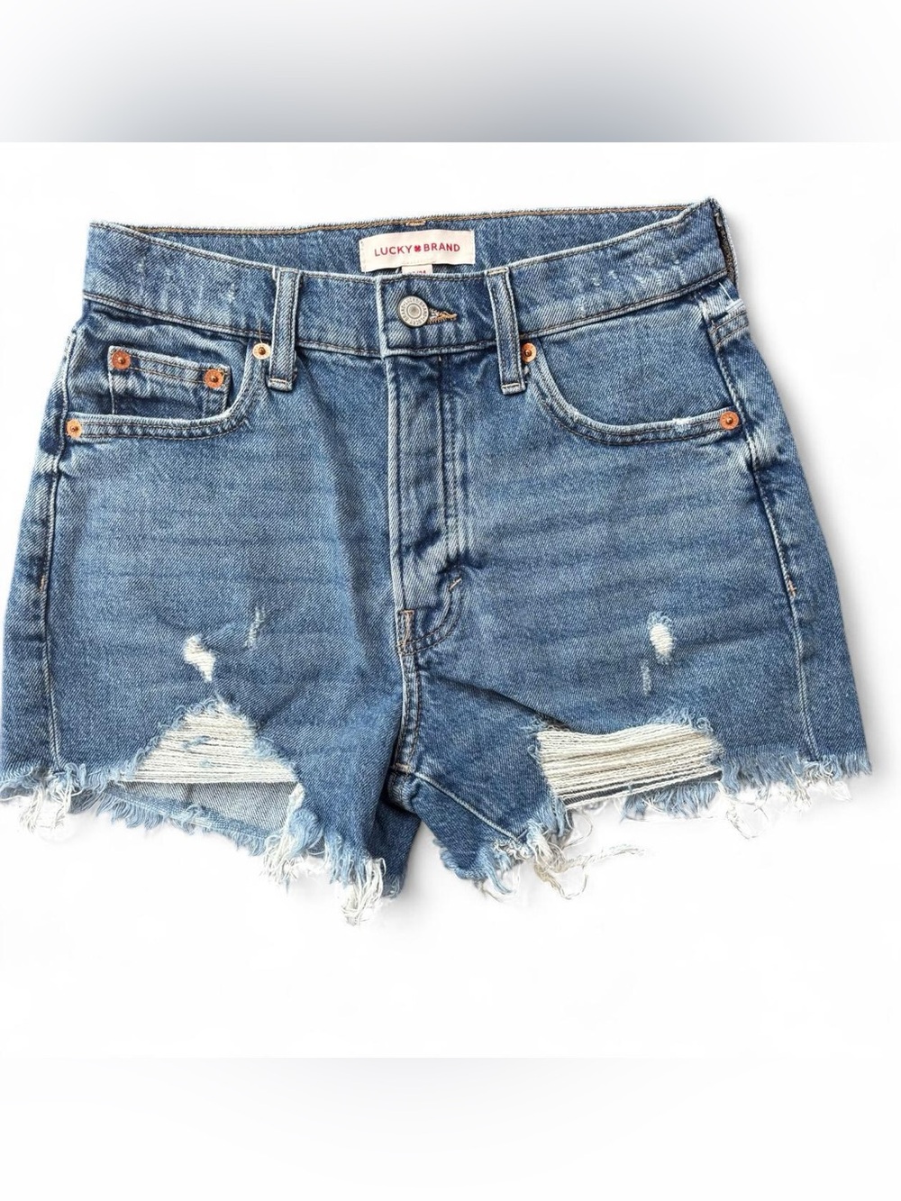 Lucky Brand distressed high rise denim cutoff shorts medium blue wash size 00 24